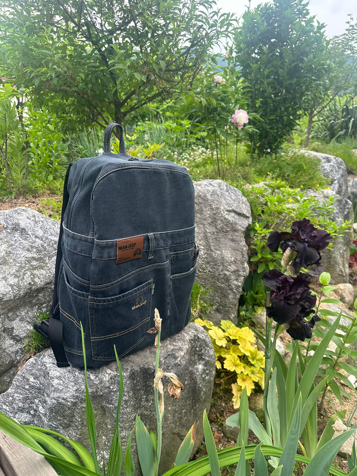 Black Iris Unisex Upcycled Denim Backpack - Large / 블랙 아이리스 업사이클 데님 백팩 [라지]