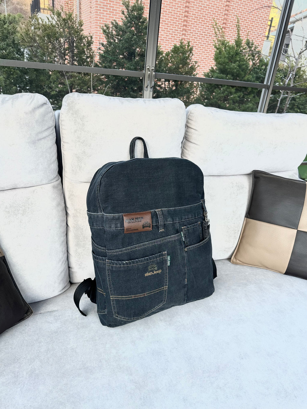 Black Iris Unisex Upcycled Denim Backpack - Large / 블랙 아이리스 업사이클 데님 백팩 [라지]