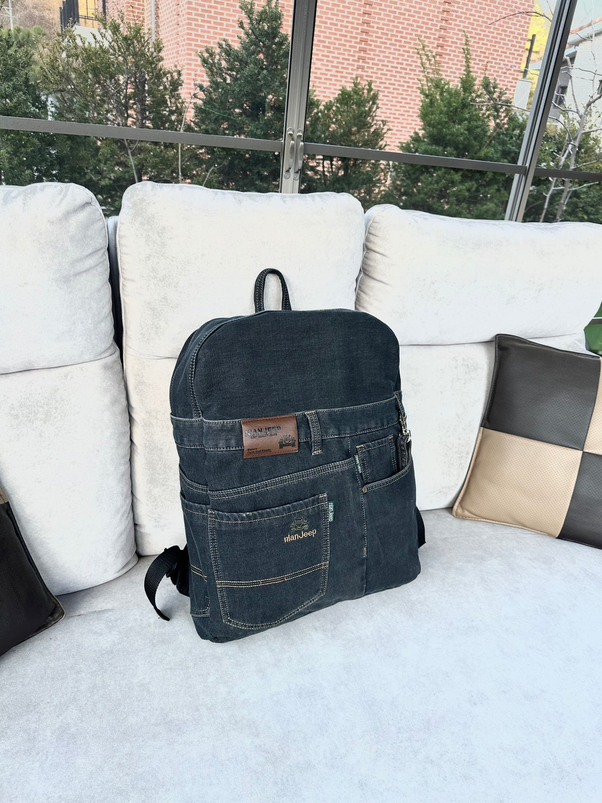 Black Iris Unisex Upcycled Denim Backpack - Large / 블랙 아이리스 업사이클 데님 백팩 [라지]