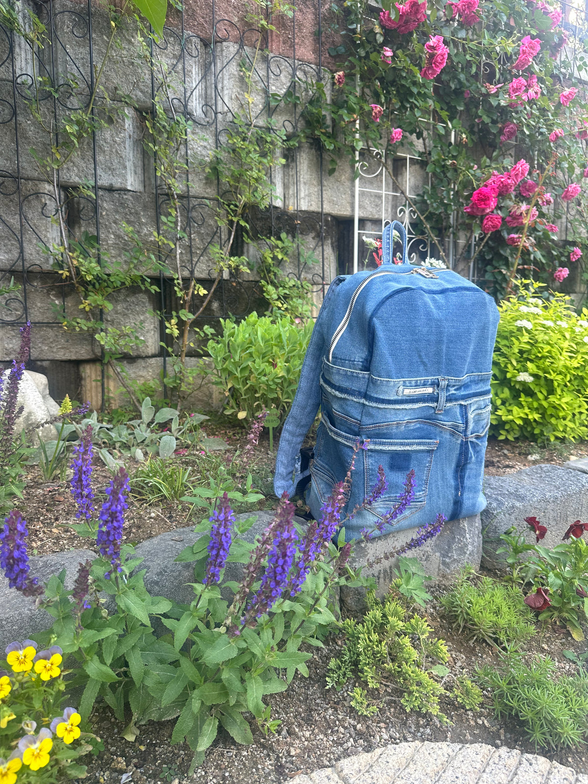 Sky Blue Stripe Upcycled Denim Backpack [Small Medium] / 스카이 스트라이프 업사이클 데님 백팩 [스몰 미디엄]