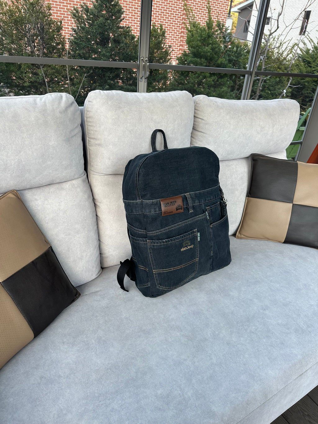 Black Iris Unisex Upcycled Denim Backpack - Large / 블랙 아이리스 업사이클 데님 백팩 [라지]