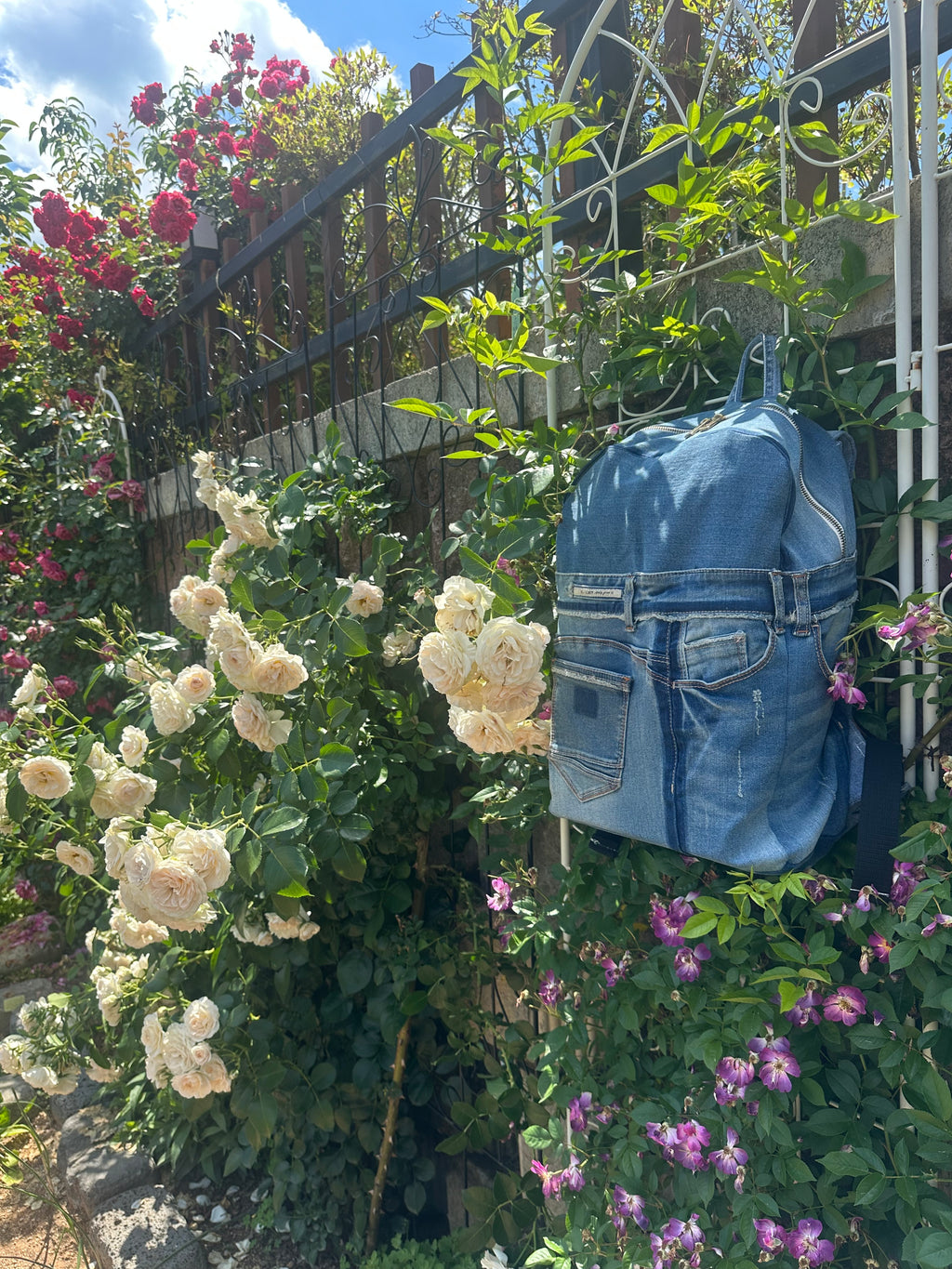 Sky Blue Stripe Upcycled Denim Backpack [Small Medium] / 스카이 스트라이프 업사이클 데님 백팩 [스몰 미디엄]