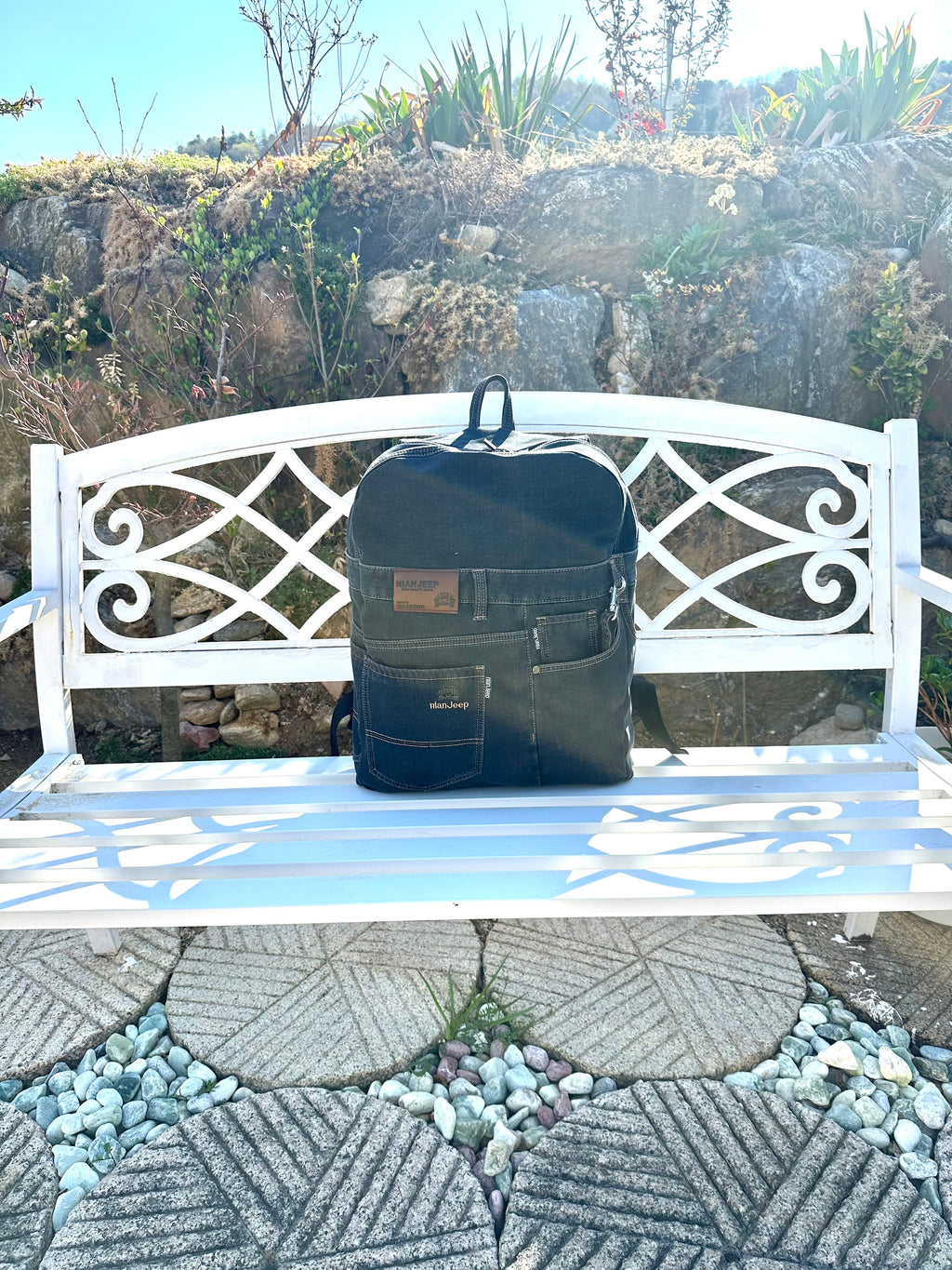 Black Iris Unisex Upcycled Denim Backpack - Large / 블랙 아이리스 업사이클 데님 백팩 [라지]
