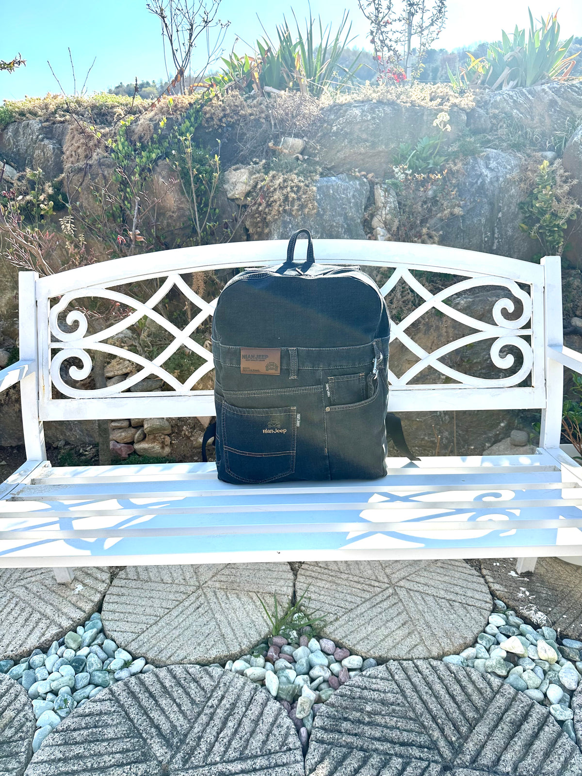 Black Iris Unisex Upcycled Denim Backpack - Large / 블랙 아이리스 업사이클 데님 백팩 [라지]