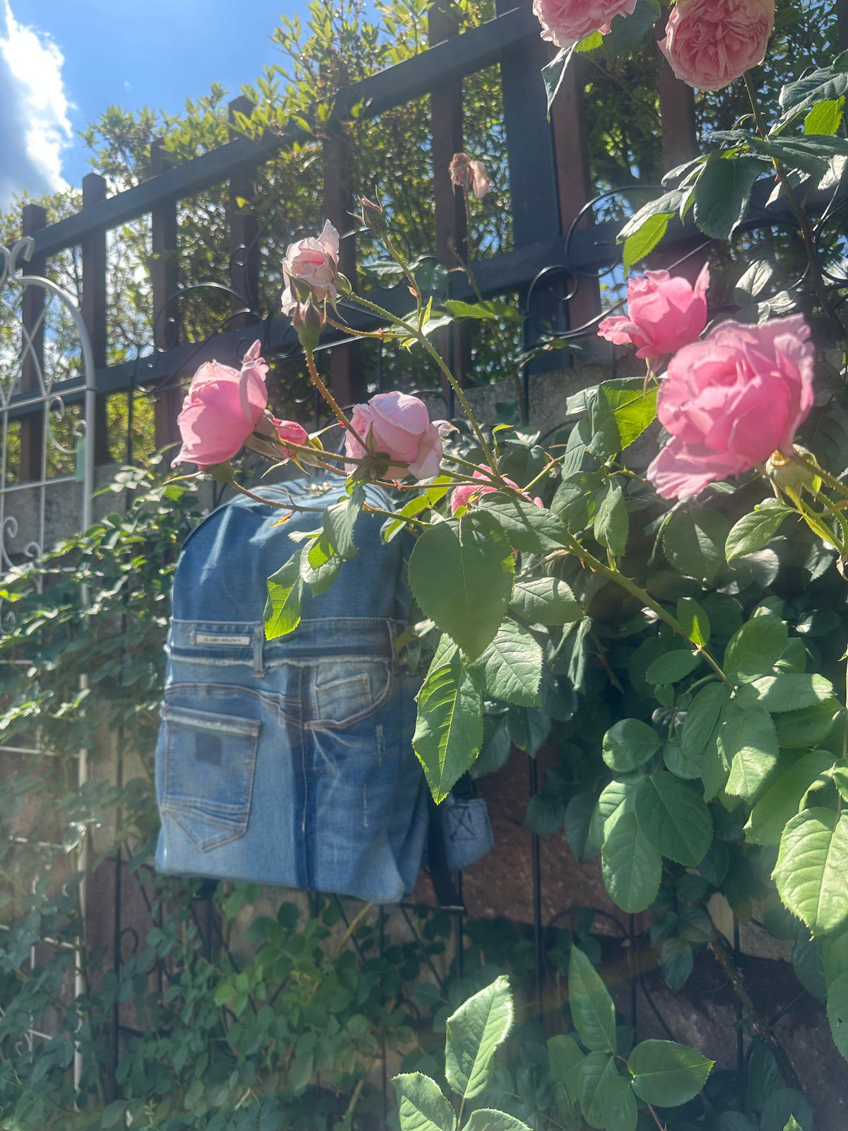 Sky Blue Stripe Upcycled Denim Backpack [Small Medium] / 스카이 스트라이프 업사이클 데님 백팩 [스몰 미디엄]