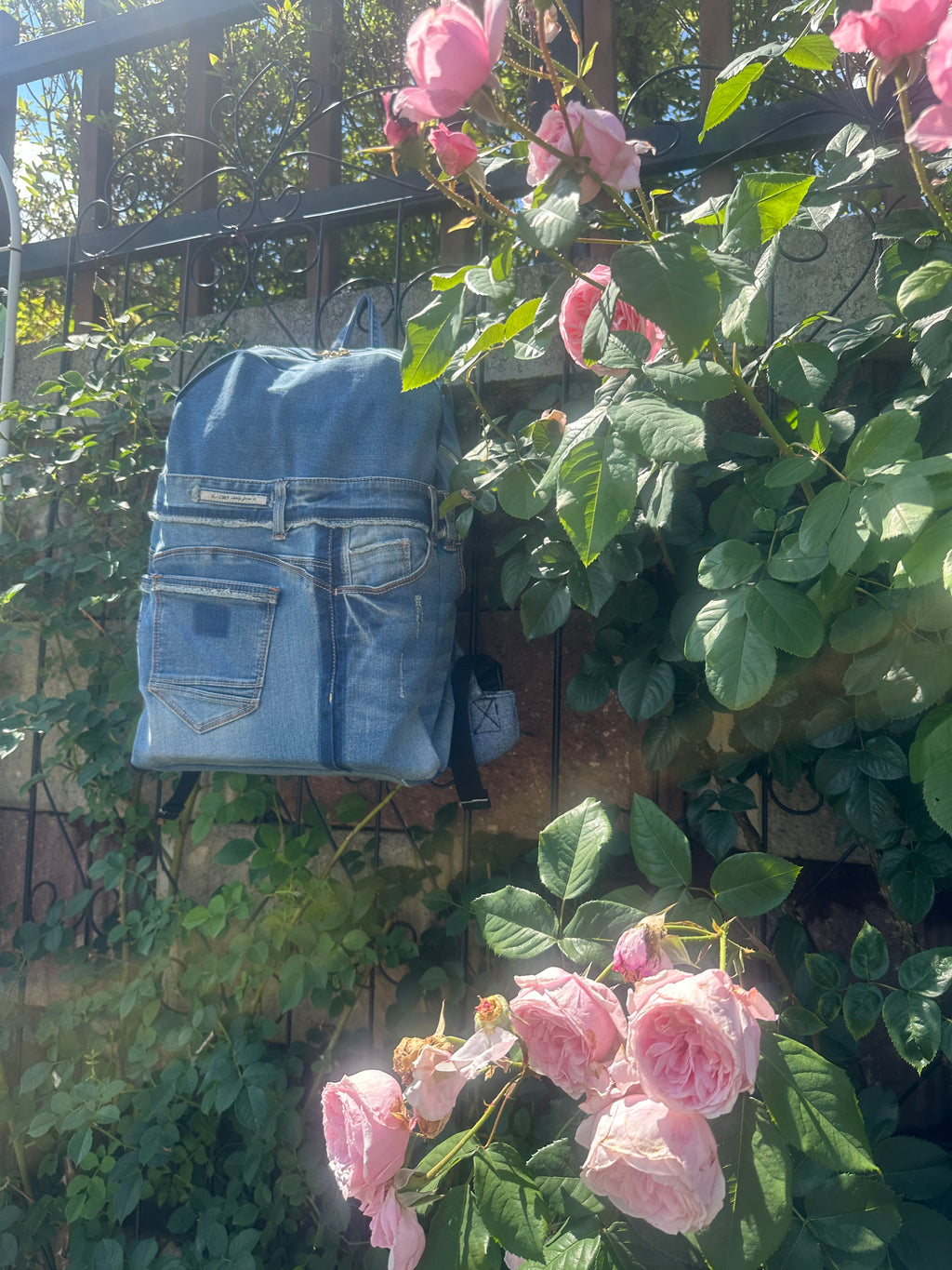 Sky Blue Stripe Upcycled Denim Backpack [Small Medium] / 스카이 스트라이프 업사이클 데님 백팩 [스몰 미디엄]