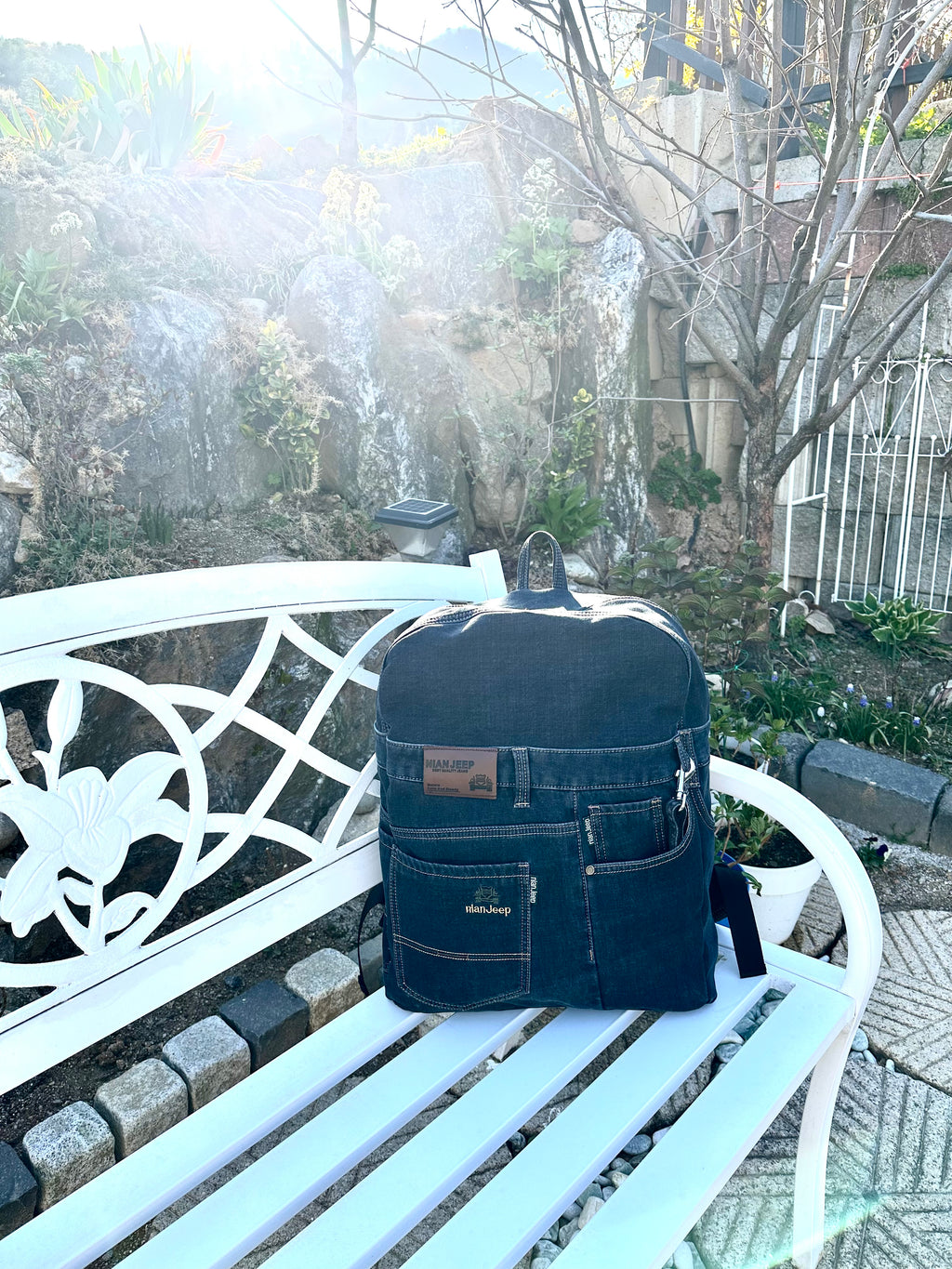 Black Iris Unisex Upcycled Denim Backpack - Large / 블랙 아이리스 업사이클 데님 백팩 [라지]