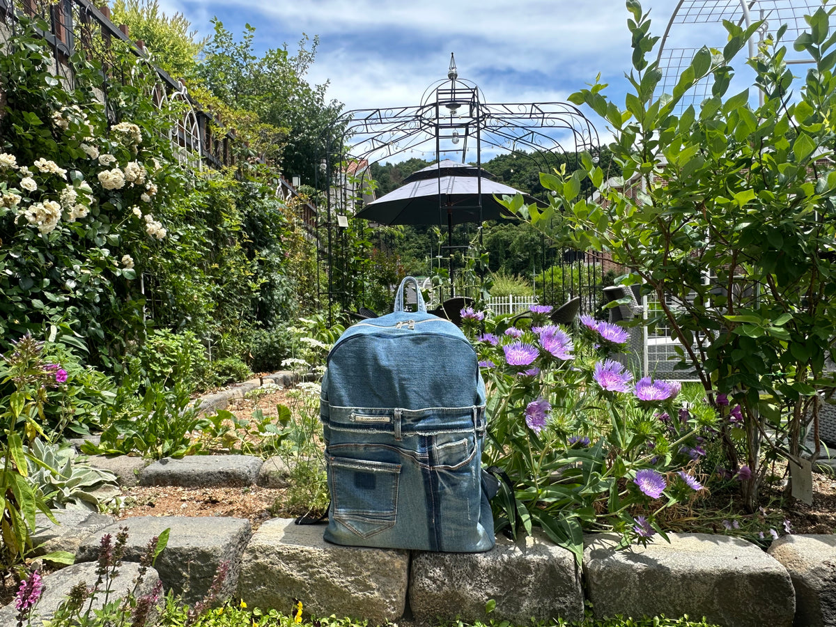 Sky Blue Stripe Upcycled Denim Backpack [Small Medium] / 스카이 스트라이프 업사이클 데님 백팩 [스몰 미디엄]