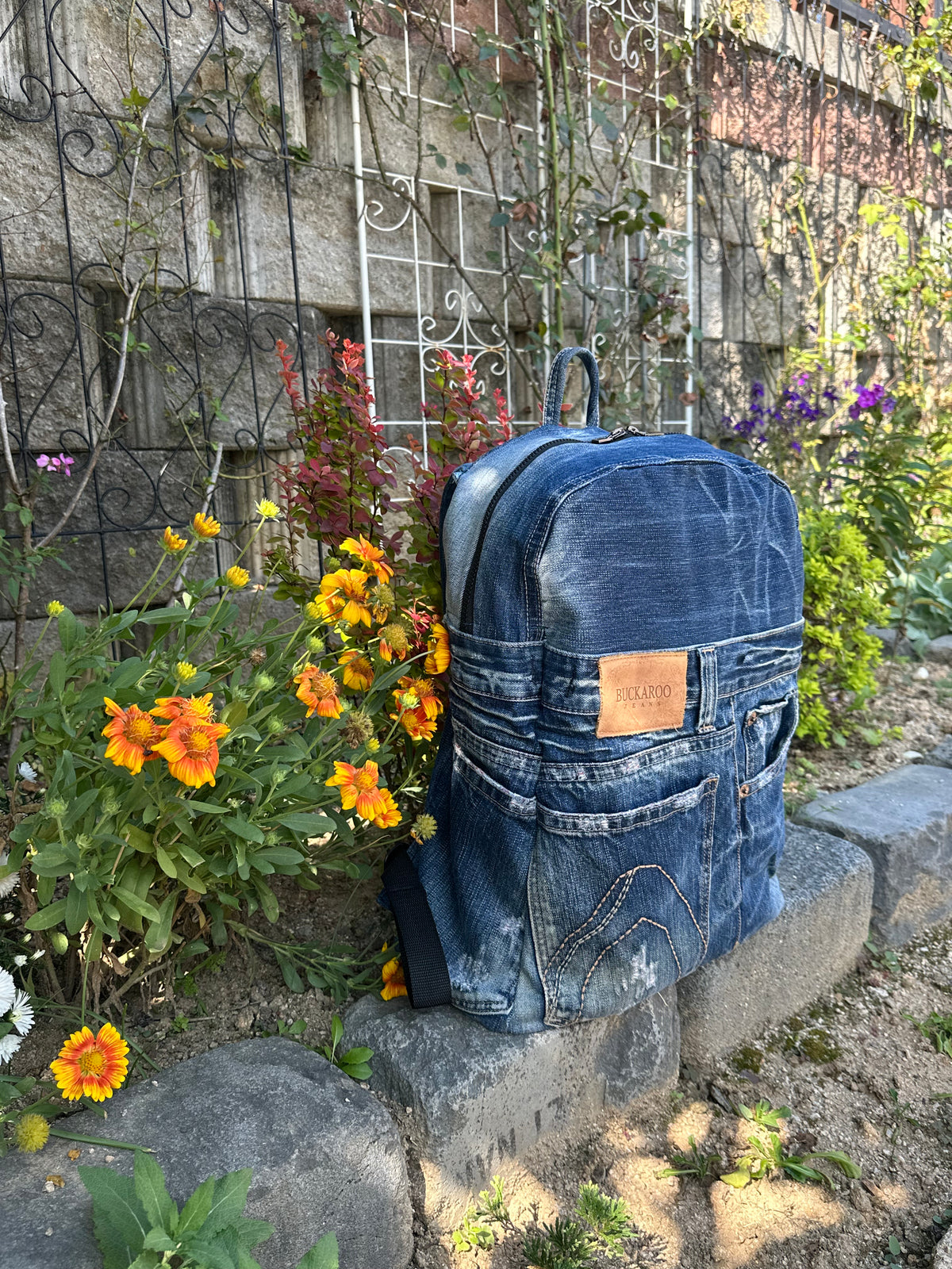 Clean Blue Male Upcycled Denim Backpack - Medium Large / 클린 워시 블루 남성 업사이클 데님 가방 - [미디엄 라지]