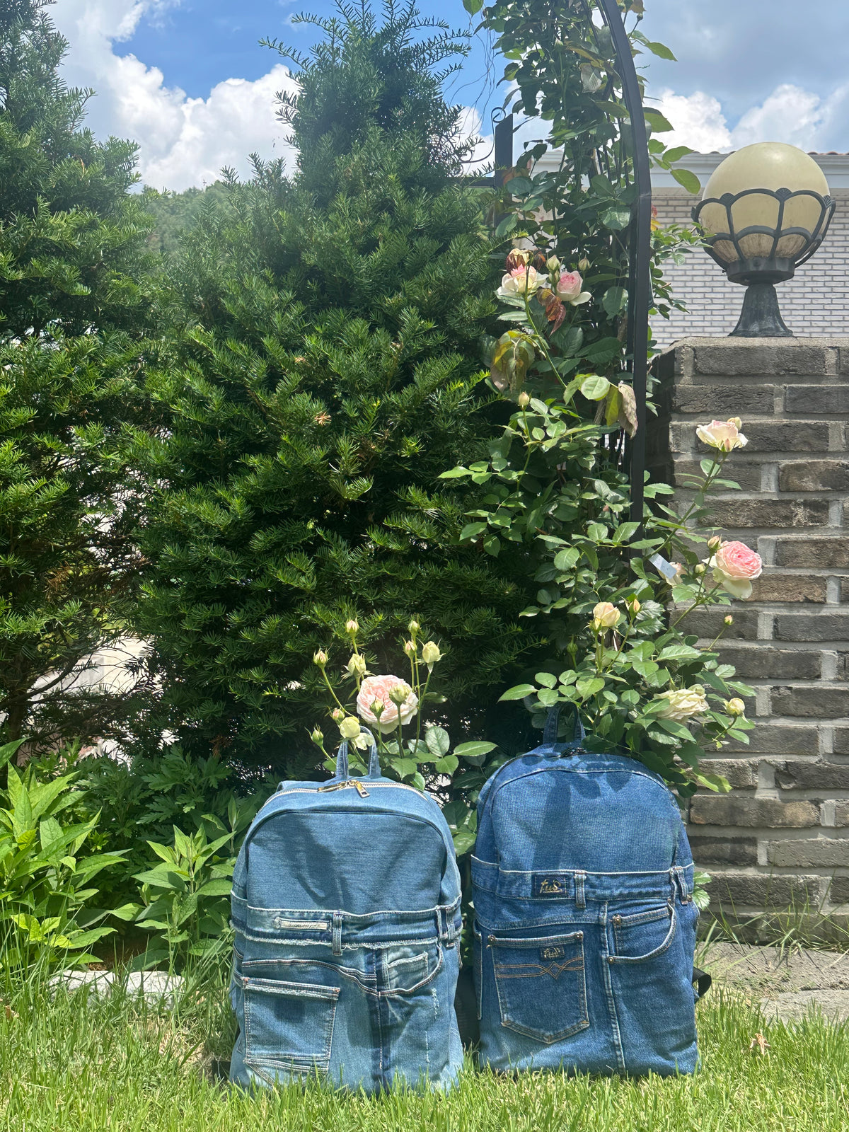 Sky Blue Stripe Upcycled Denim Backpack [Small Medium] / 스카이 스트라이프 업사이클 데님 백팩 [스몰 미디엄]