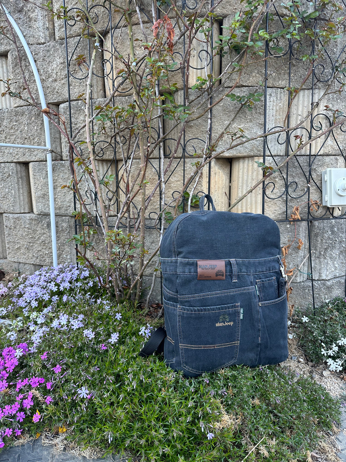 Black Iris Unisex Upcycled Denim Backpack - Large / 블랙 아이리스 업사이클 데님 백팩 [라지]