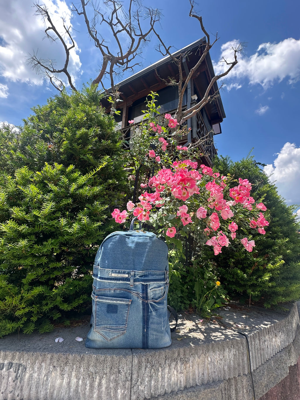 Sky Blue Stripe Upcycled Denim Backpack [Small Medium] / 스카이 스트라이프 업사이클 데님 백팩 [스몰 미디엄]