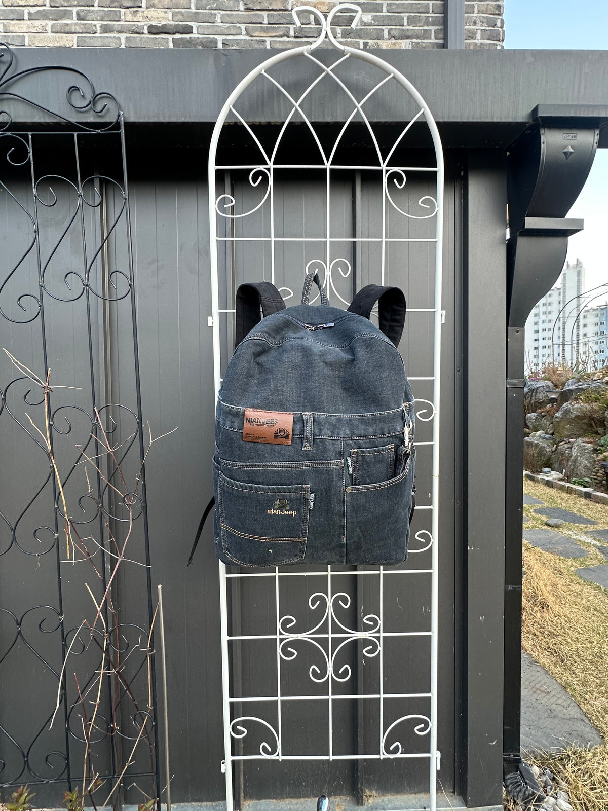 Black Iris Unisex Upcycled Denim Backpack - Large / 블랙 아이리스 업사이클 데님 백팩 [라지]