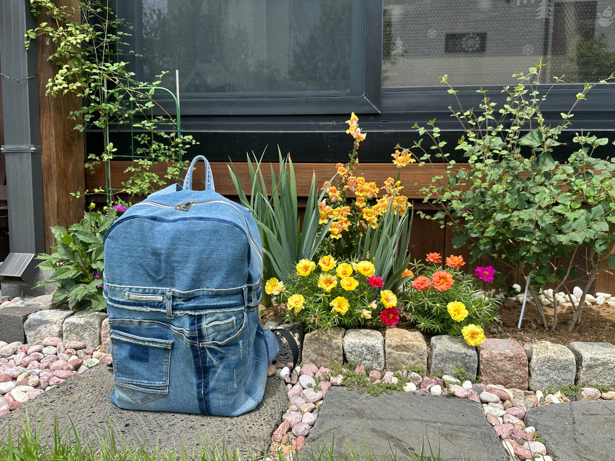 Sky Blue Stripe Upcycled Denim Backpack [Small Medium] / 스카이 스트라이프 업사이클 데님 백팩 [스몰 미디엄]