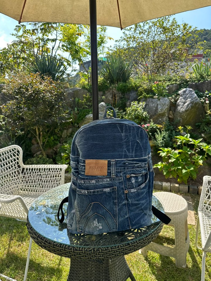 Clean Blue Male Upcycled Denim Backpack - Medium Large / 클린 워시 블루 남성 업사이클 데님 백팩 - [미디엄 라지]