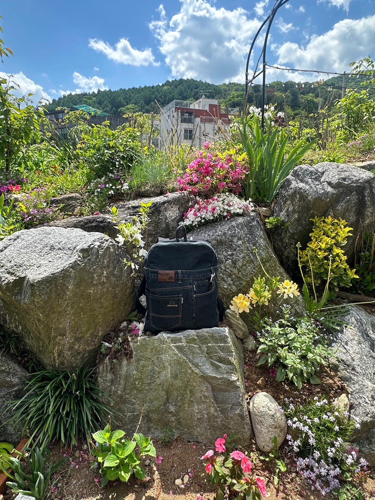 Black Iris Unisex Upcycled Denim Backpack - Large / 블랙 아이리스 업사이클 데님 백팩 [라지]