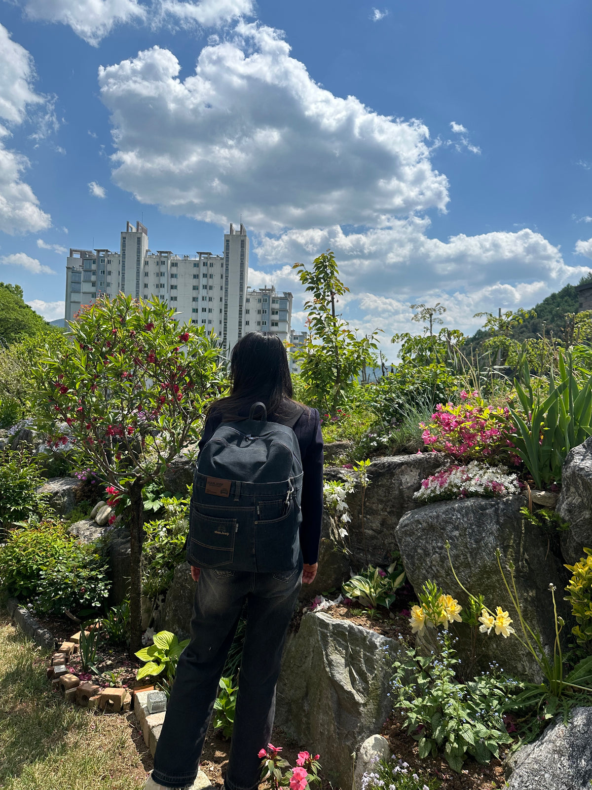 Black Iris Unisex Upcycled Denim Backpack - Large / 블랙 아이리스 업사이클 데님 백팩 [라지]