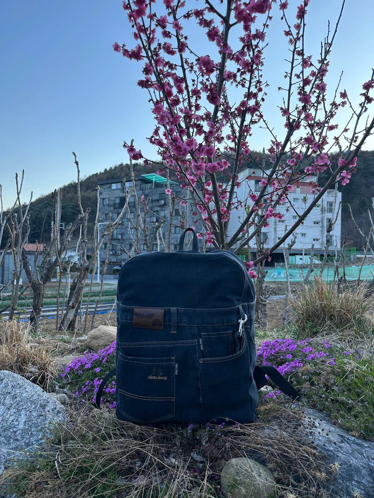 Black Iris Unisex Upcycled Denim Backpack - Large / 블랙 아이리스 업사이클 데님 백팩 [라지]