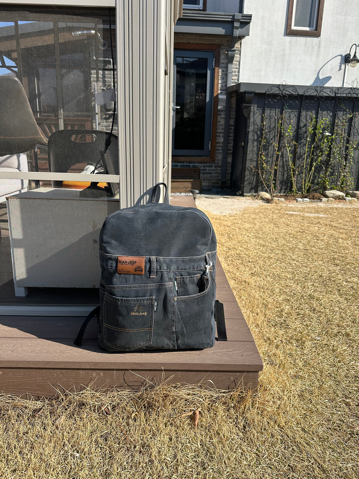 Black Iris Unisex Upcycled Denim Backpack - Large / 블랙 아이리스 업사이클 데님 백팩 [라지]