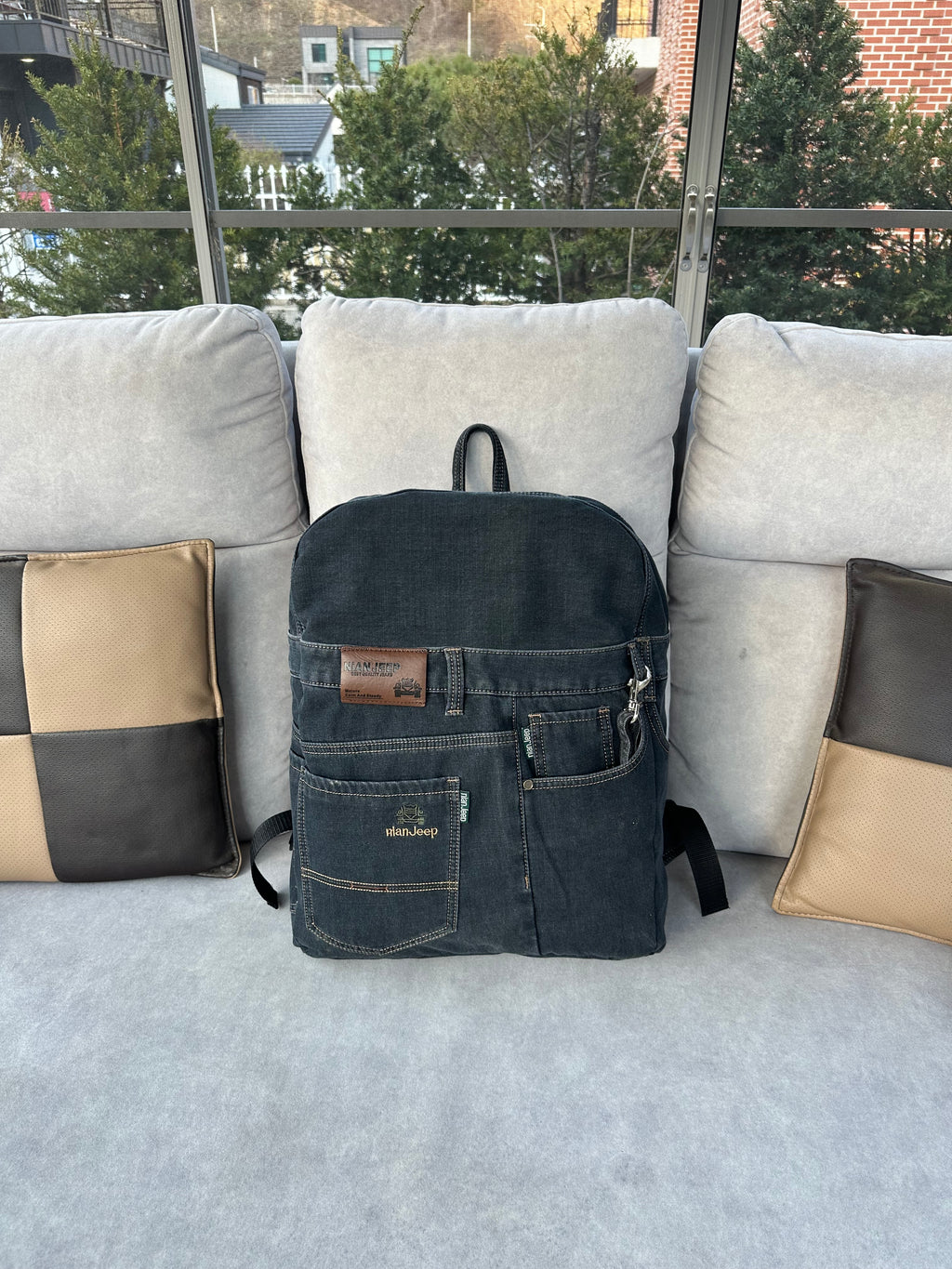 Black Iris Unisex Upcycled Denim Backpack - Large / 블랙 아이리스 업사이클 데님 백팩 [라지]