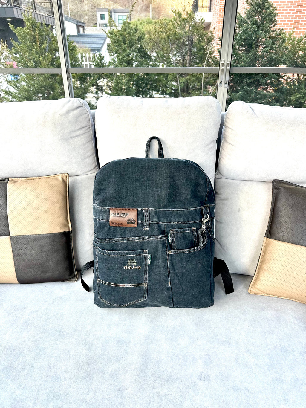 Black Iris Unisex Upcycled Denim Backpack - Large / 블랙 아이리스 업사이클 데님 백팩 [라지]