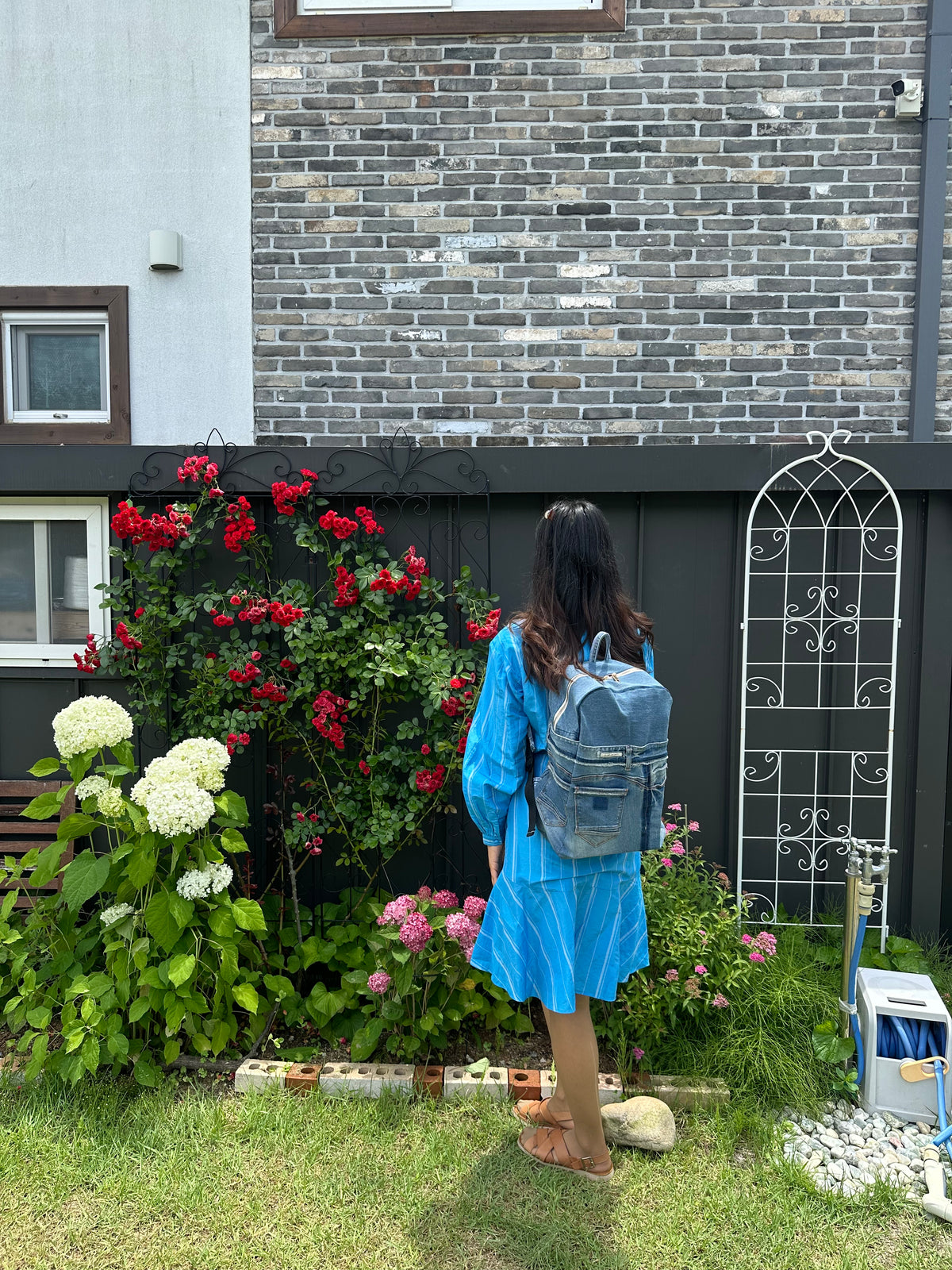 Sky Blue Stripe Upcycled Denim Backpack [Small Medium] / 스카이 스트라이프 업사이클 데님 백팩 [스몰 미디엄]