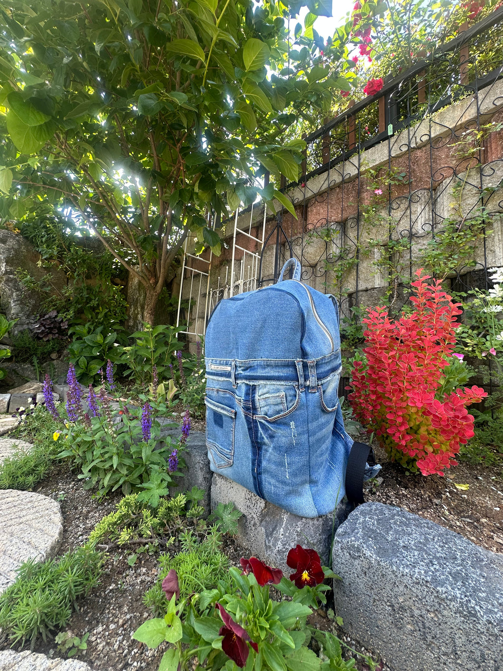 Sky Blue Stripe Upcycled Denim Backpack [Small Medium] / 스카이 스트라이프 업사이클 데님 백팩 [스몰 미디엄]
