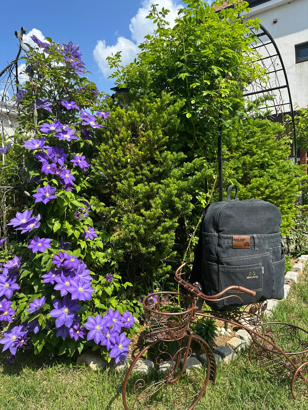 Black Iris Unisex Upcycled Denim Backpack - Large / 블랙 아이리스 업사이클 데님 백팩 [라지]