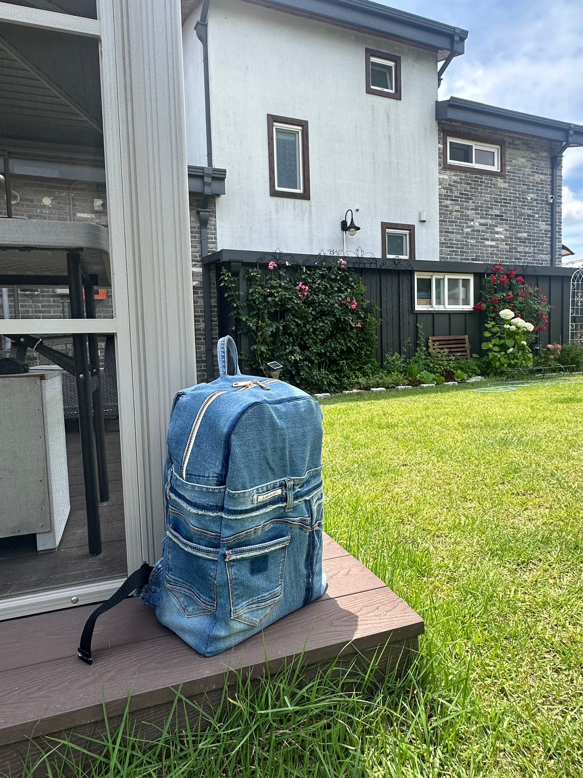 Sky Blue Stripe Upcycled Denim Backpack [Small Medium] / 스카이 스트라이프 업사이클 데님 백팩 [스몰 미디엄]