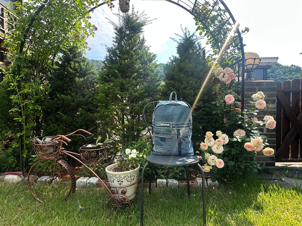 Sky Blue Stripe Upcycled Denim Backpack [Small Medium] / 스카이 스트라이프 업사이클 데님 백팩 [스몰 미디엄]