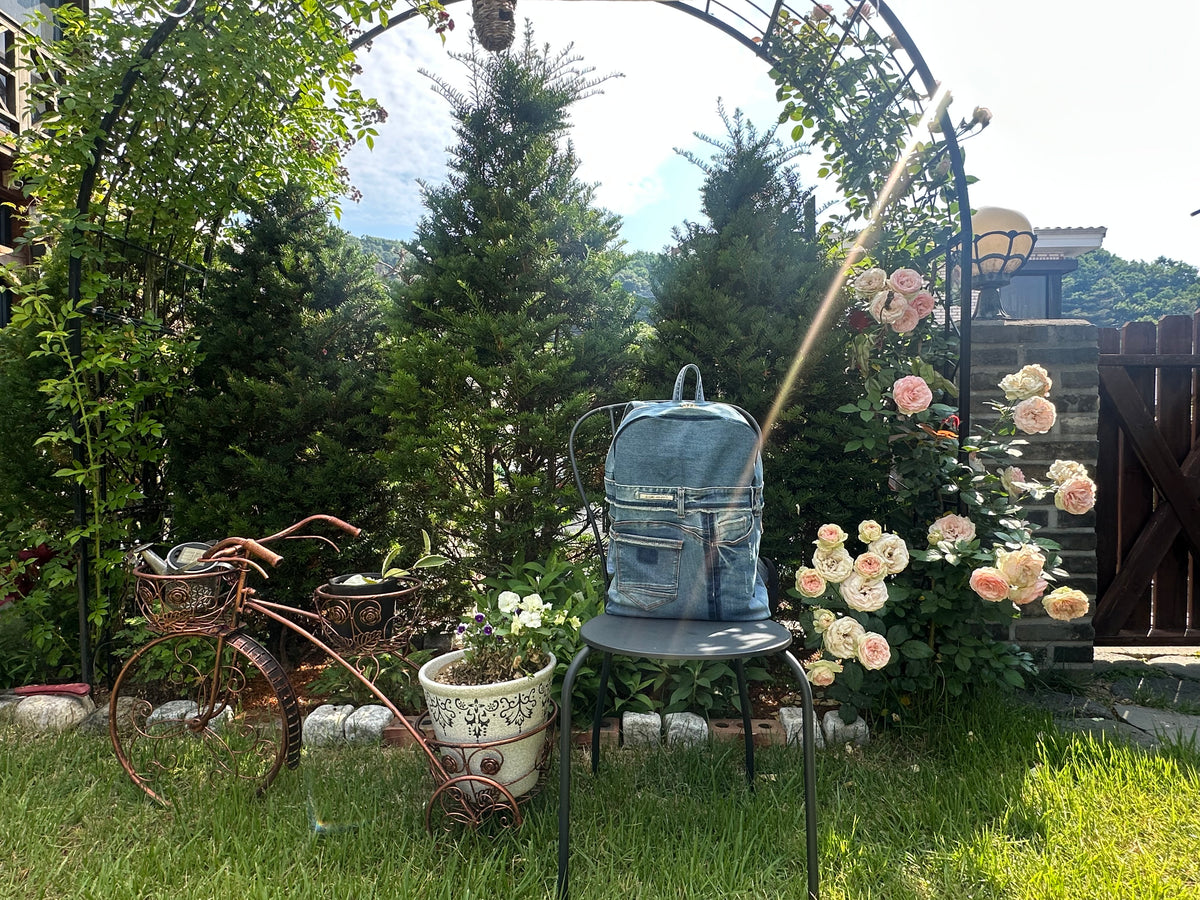Sky Blue Stripe Upcycled Denim Backpack [Small Medium] / 스카이 스트라이프 업사이클 데님 백팩 [스몰 미디엄]