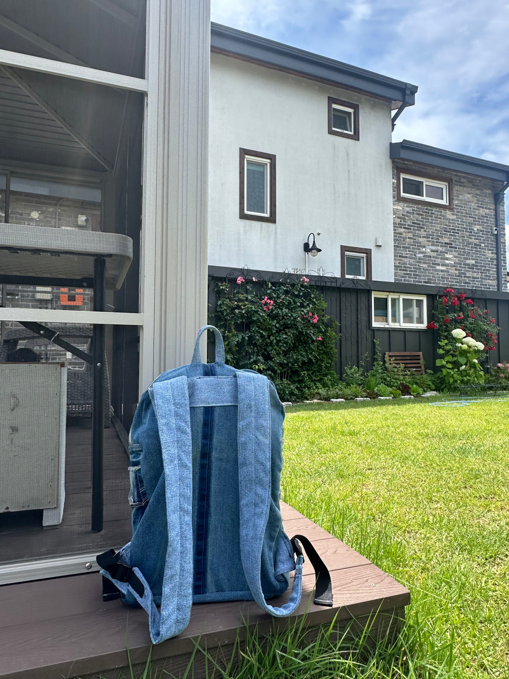 Sky Blue Stripe Upcycled Denim Backpack [Small Medium] / 스카이 스트라이프 업사이클 데님 백팩 [스몰 미디엄]