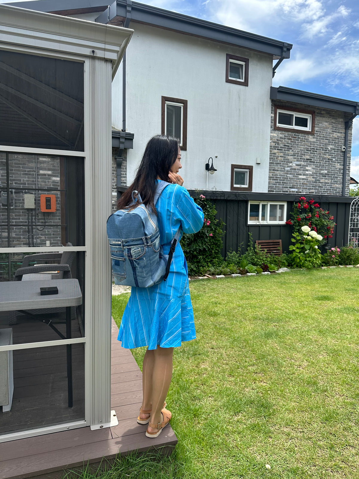 Sky Blue Stripe Upcycled Denim Backpack [Small Medium] / 스카이 스트라이프 업사이클 데님 백팩 [스몰 미디엄]