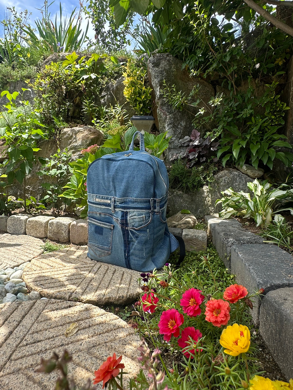 Sky Blue Stripe Upcycled Denim Backpack [Small Medium] / 스카이 스트라이프 업사이클 데님 백팩 [스몰 미디엄]