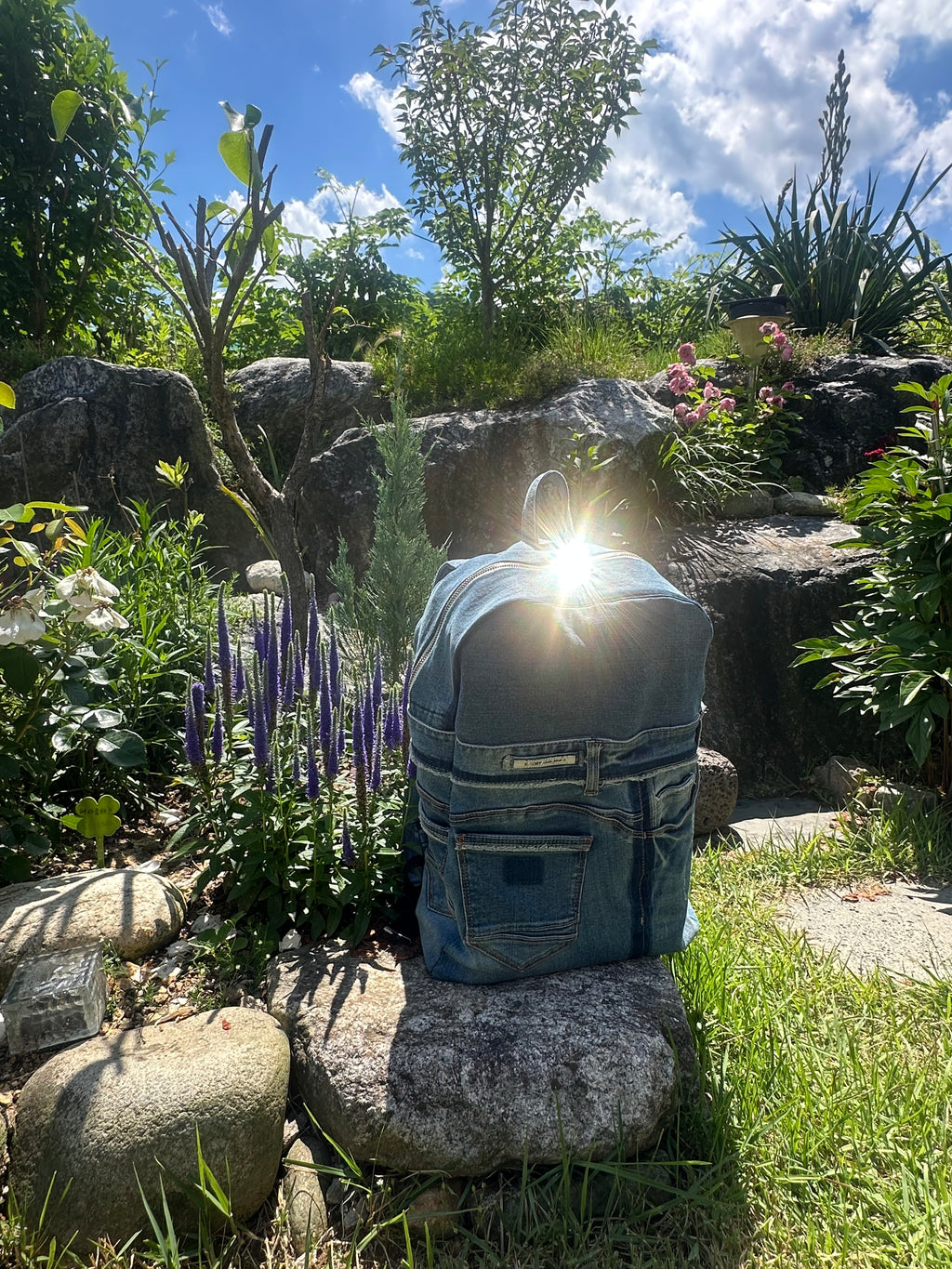 Sky Blue Stripe Upcycled Denim Backpack [Small Medium] / 스카이 스트라이프 업사이클 데님 백팩 [스몰 미디엄]
