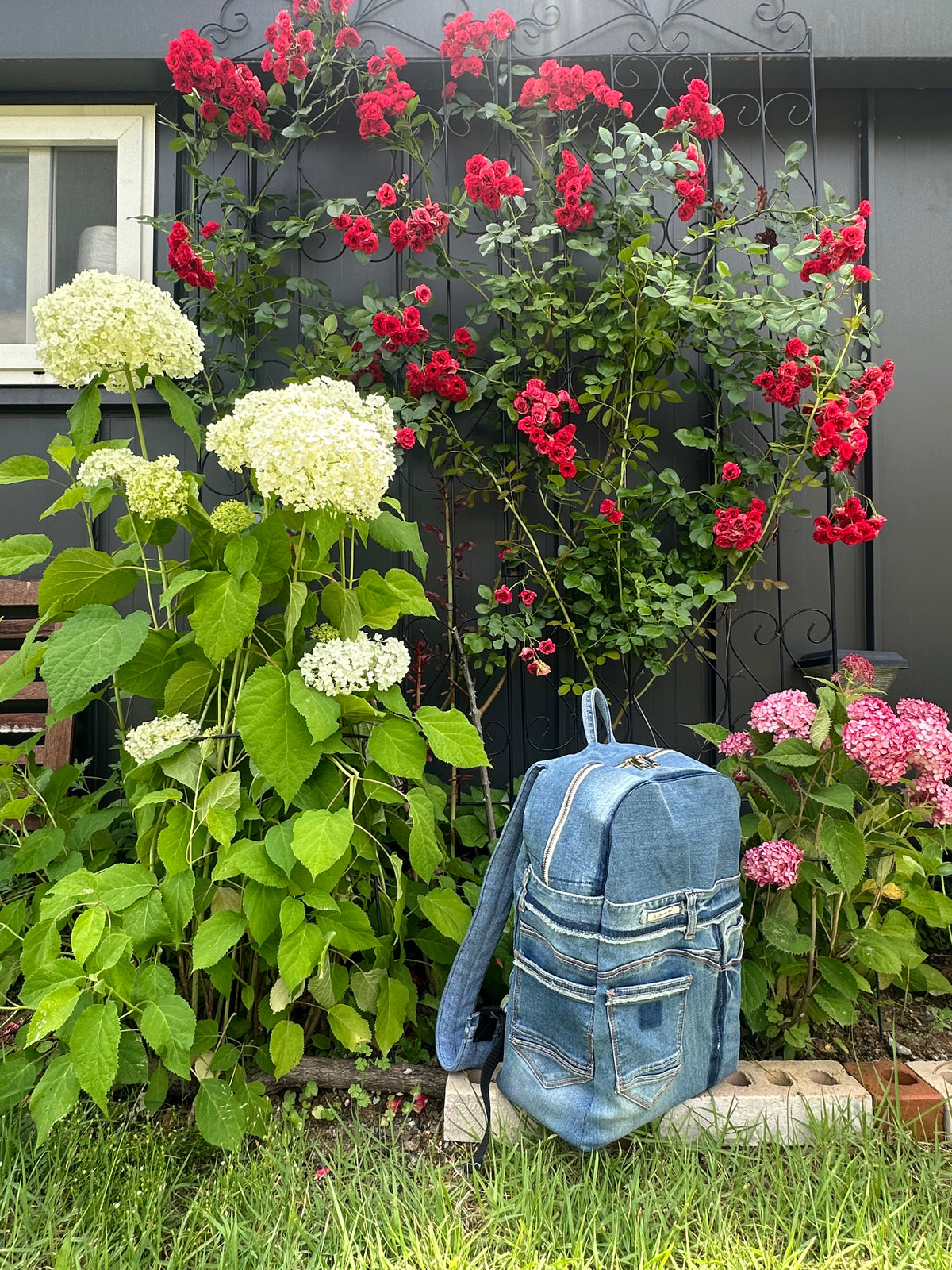 Sky Blue Stripe Upcycled Denim Backpack [Small Medium] / 스카이 스트라이프 업사이클 데님 백팩 [스몰 미디엄]