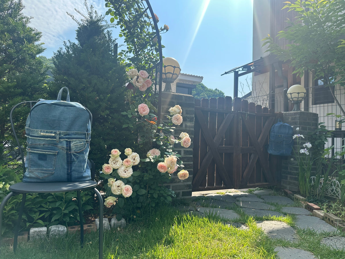 Sky Blue Stripe Upcycled Denim Backpack [Small Medium] / 스카이 스트라이프 업사이클 데님 백팩 [스몰 미디엄]