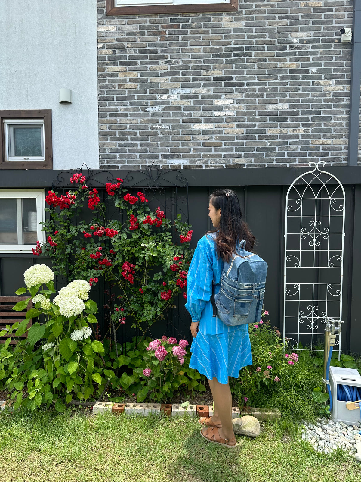 Sky Blue Stripe Upcycled Denim Backpack [Small Medium] / 스카이 스트라이프 업사이클 데님 백팩 [스몰 미디엄]