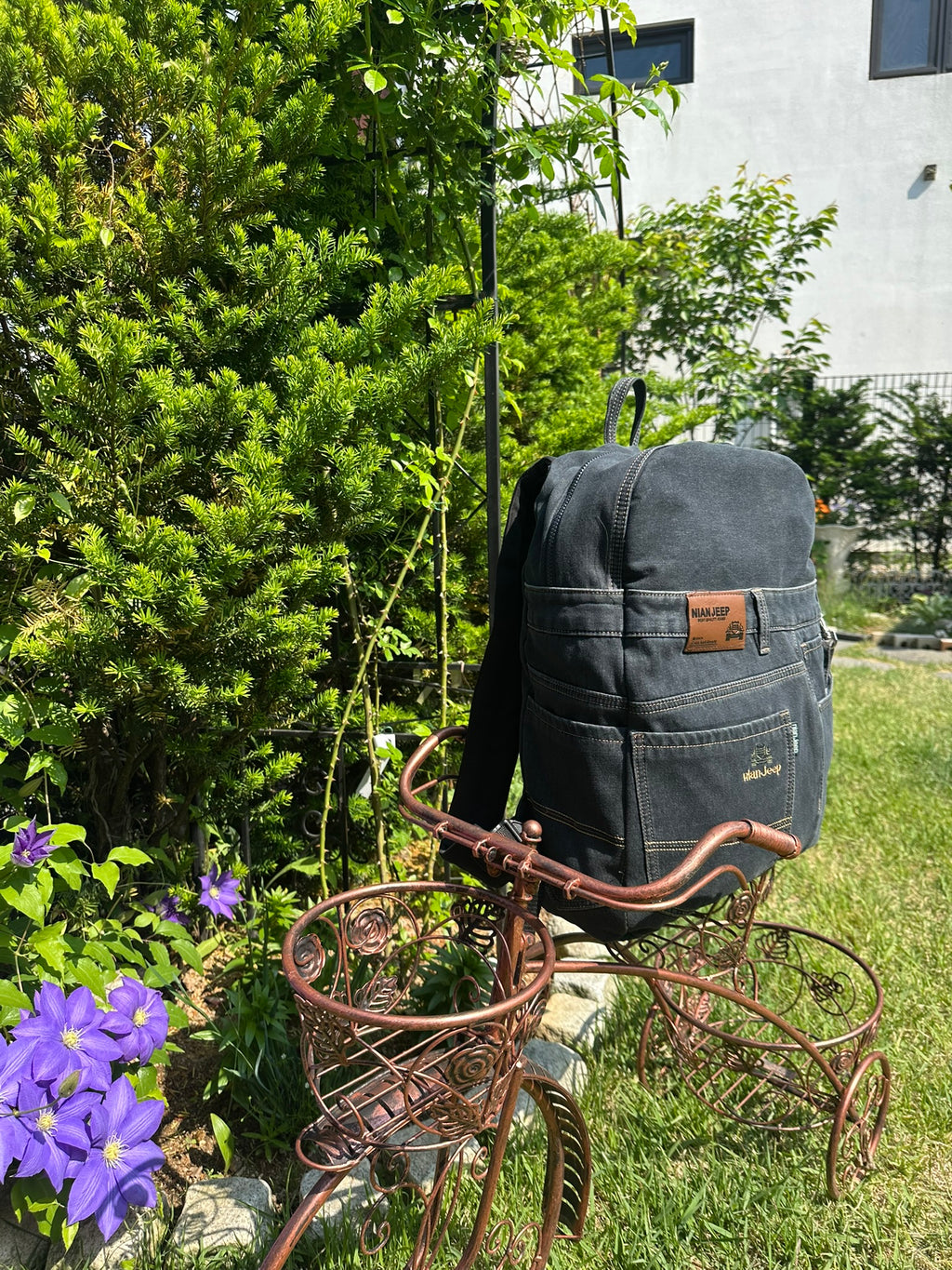 Black Iris Unisex Upcycled Denim Backpack - Large / 블랙 아이리스 업사이클 데님 백팩 [라지]