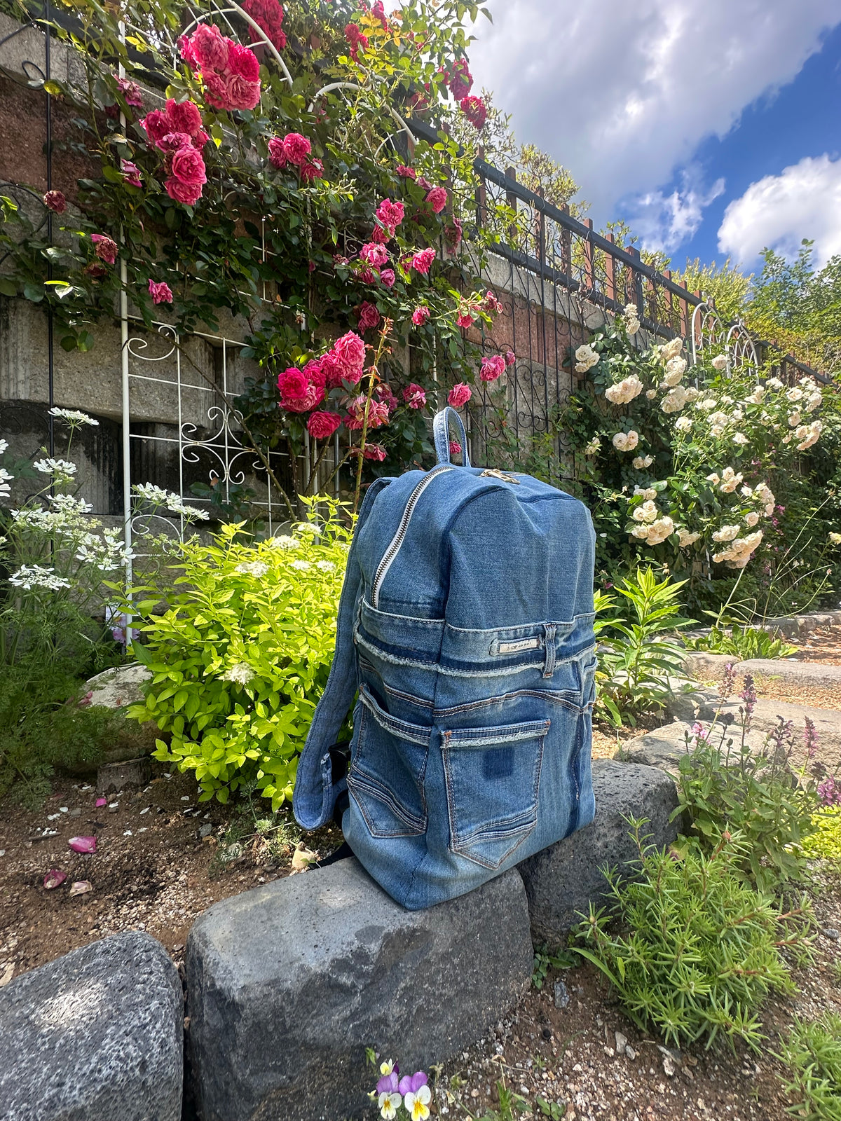 Sky Blue Stripe Upcycled Denim Backpack [Small Medium] / 스카이 스트라이프 업사이클 데님 백팩 [스몰 미디엄]