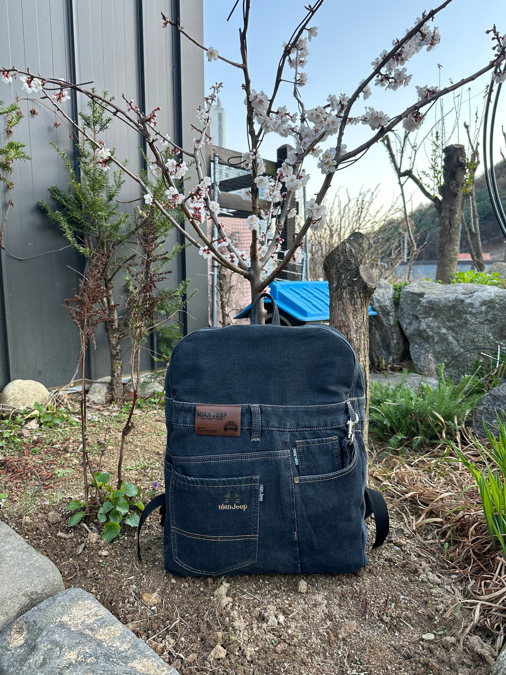 Black Iris Unisex Upcycled Denim Backpack - Large / 블랙 아이리스 업사이클 데님 백팩 [라지]