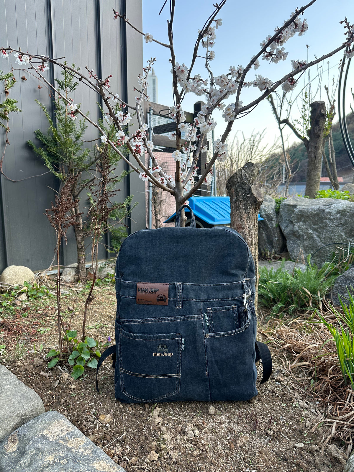 Black Iris Unisex Upcycled Denim Backpack - Large / 블랙 아이리스 업사이클 데님 백팩 [라지]