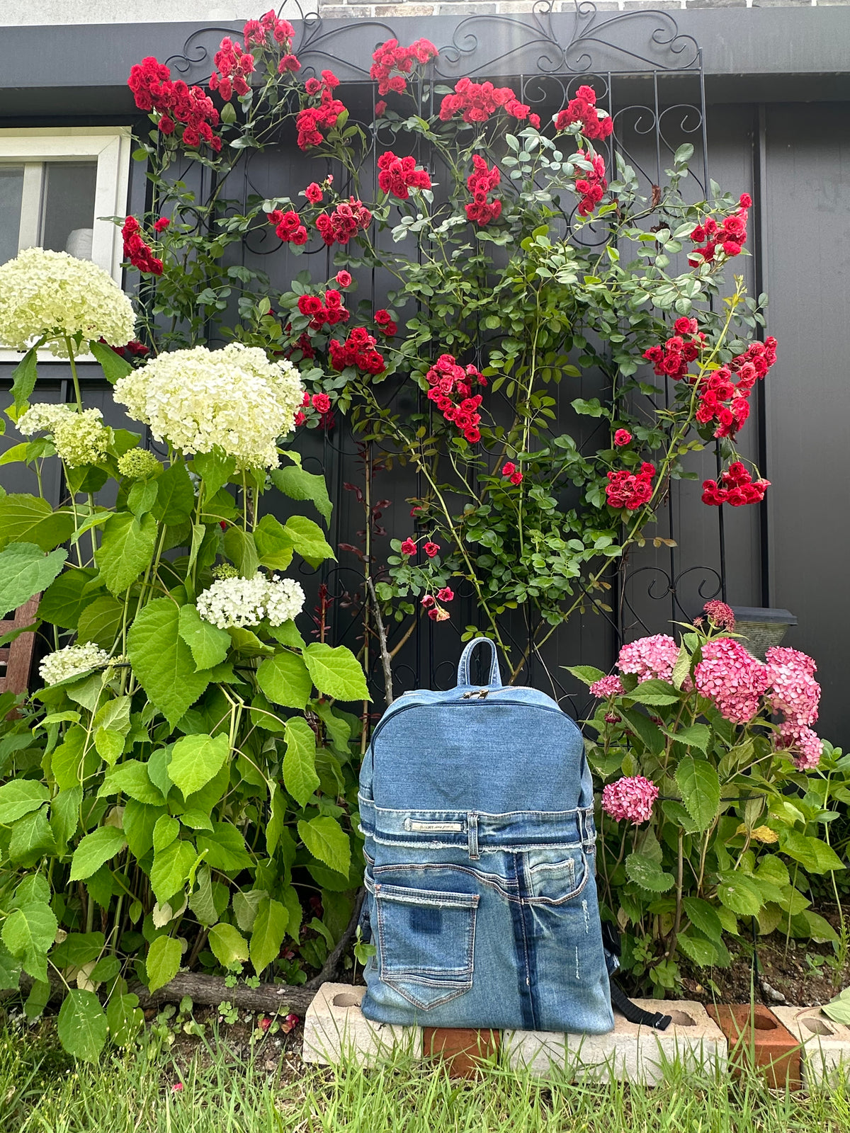 Sky Blue Stripe Upcycled Denim Backpack [Small Medium] / 스카이 스트라이프 업사이클 데님 백팩 [스몰 미디엄]