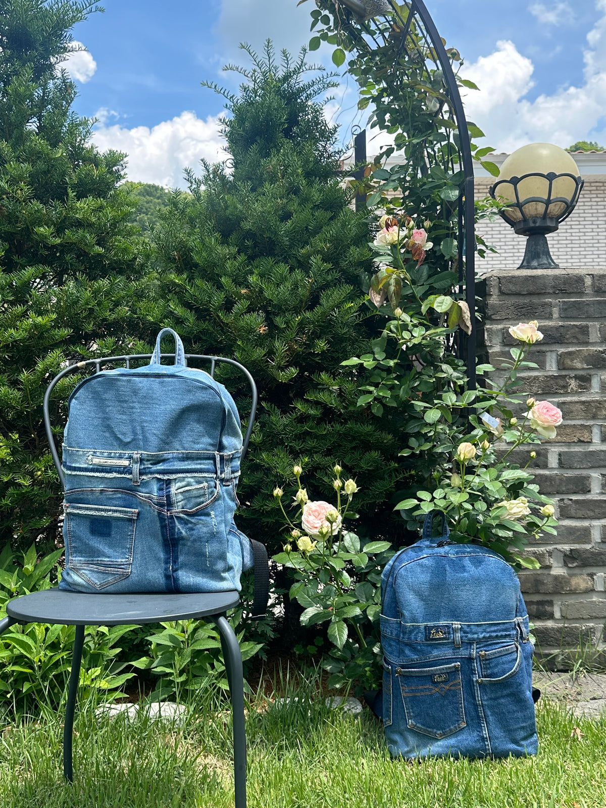 Sky Blue Stripe Upcycled Denim Backpack [Small Medium] / 스카이 스트라이프 업사이클 데님 백팩 [스몰 미디엄]