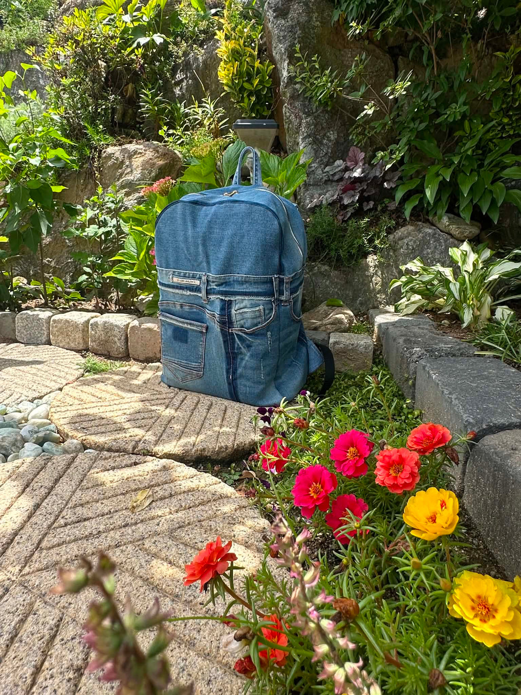 Sky Blue Stripe Upcycled Denim Backpack [Small Medium] / 스카이 스트라이프 업사이클 데님 백팩 [스몰 미디엄]