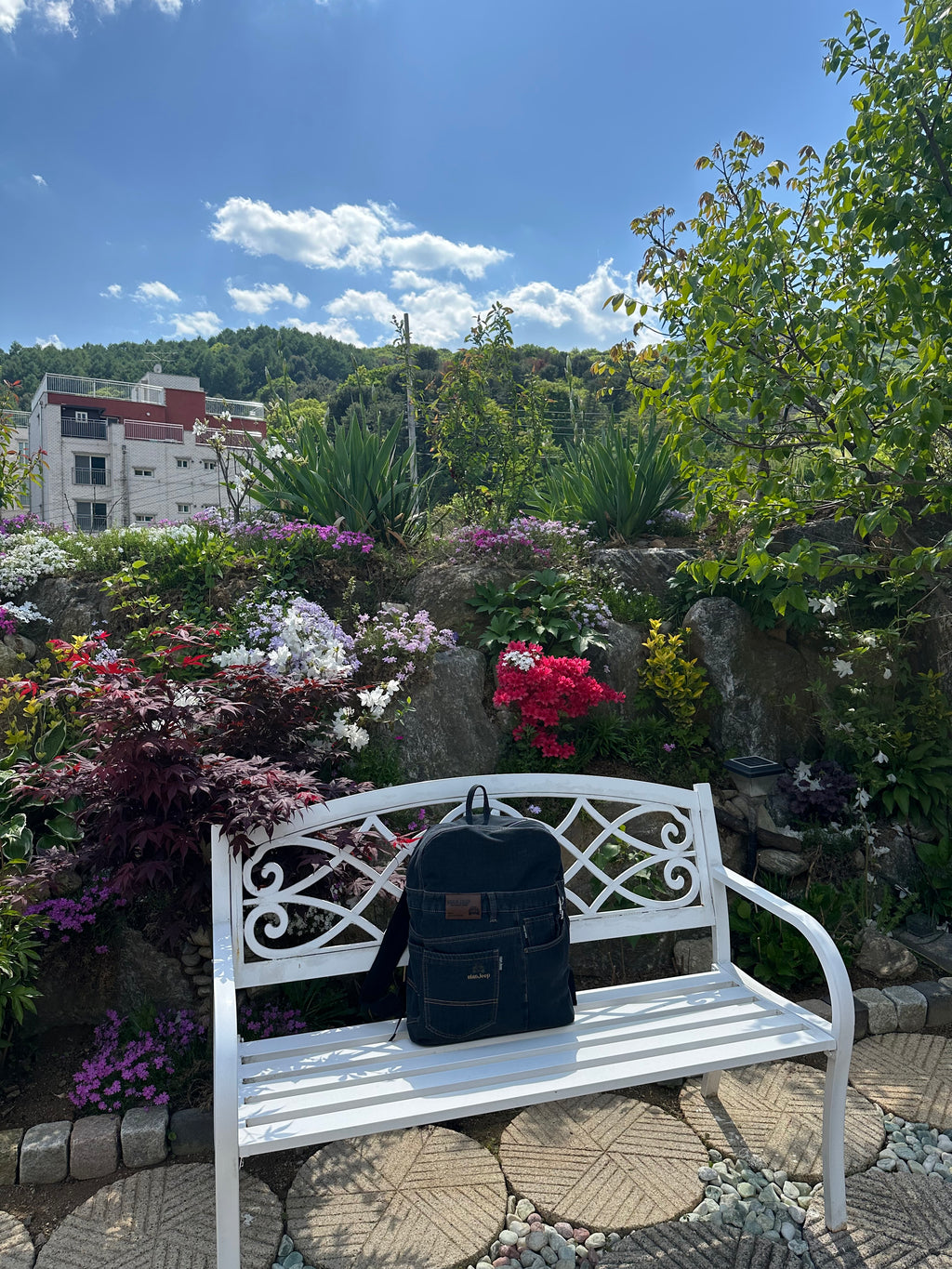 Black Iris Unisex Upcycled Denim Backpack - Large / 블랙 아이리스 업사이클 데님 백팩 [라지]