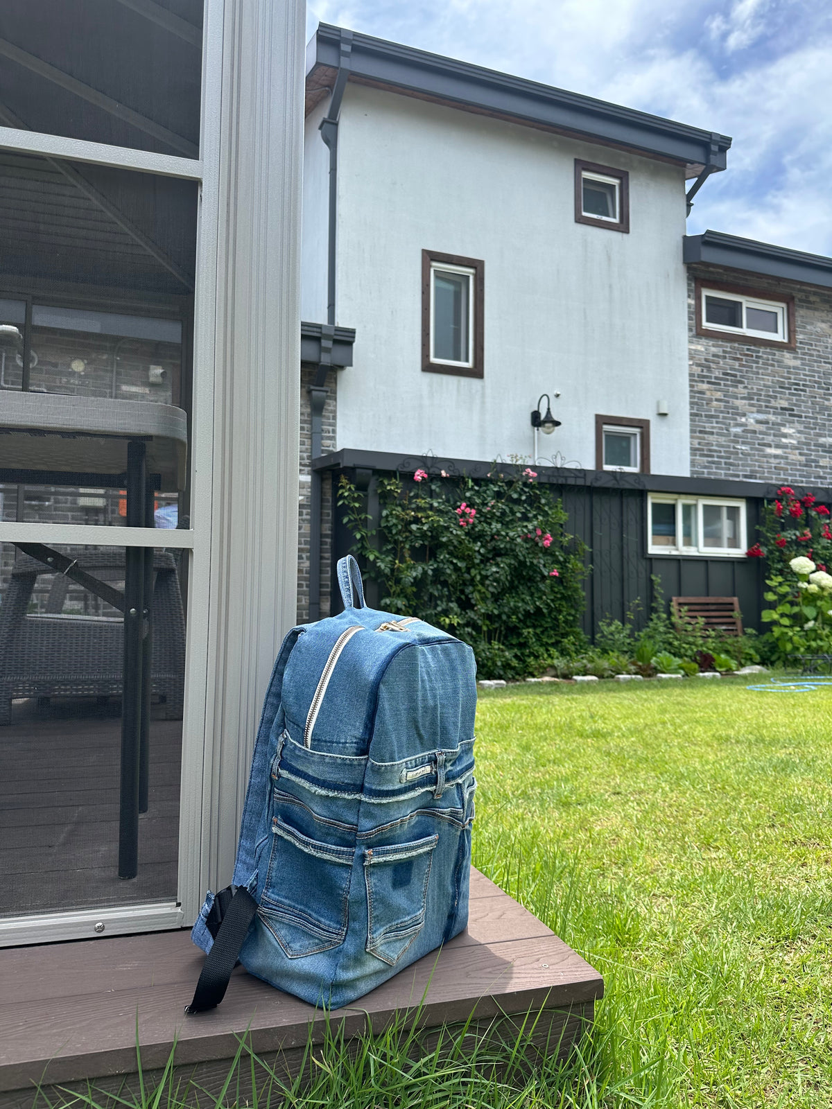 Sky Blue Stripe Upcycled Denim Backpack [Small Medium] / 스카이 스트라이프 업사이클 데님 백팩 [스몰 미디엄]