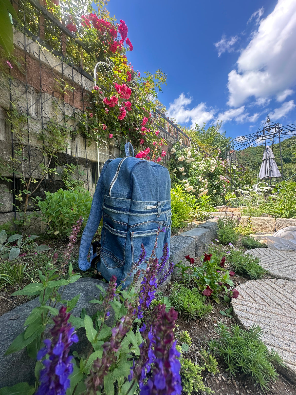 Sky Blue Stripe Upcycled Denim Backpack [Small Medium] / 스카이 스트라이프 업사이클 데님 백팩 [스몰 미디엄]