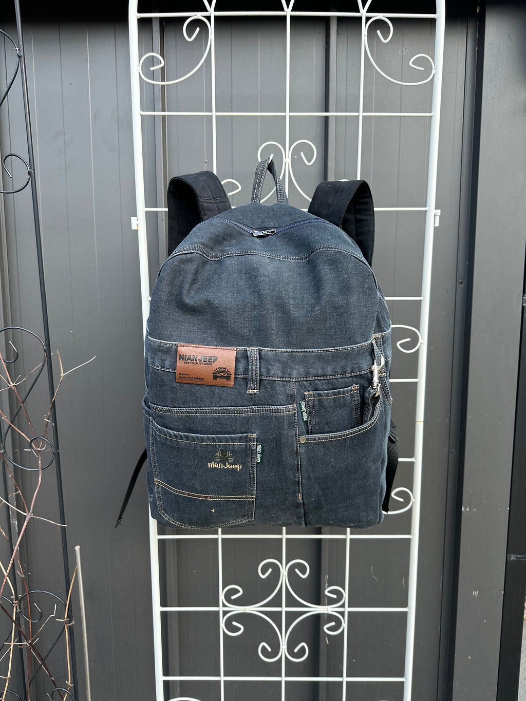 Black Iris Unisex Upcycled Denim Backpack - Large / 블랙 아이리스 업사이클 데님 백팩 [라지]