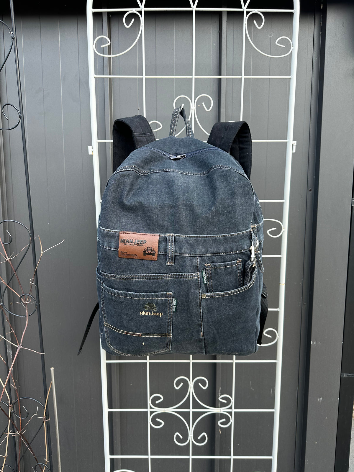 Black Iris Unisex Upcycled Denim Backpack - Large / 블랙 아이리스 업사이클 데님 백팩 [라지]
